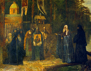 Посещение Коневского монастыря Новгородским архиепископом Евфимием (фреска на стене монастырских врат)